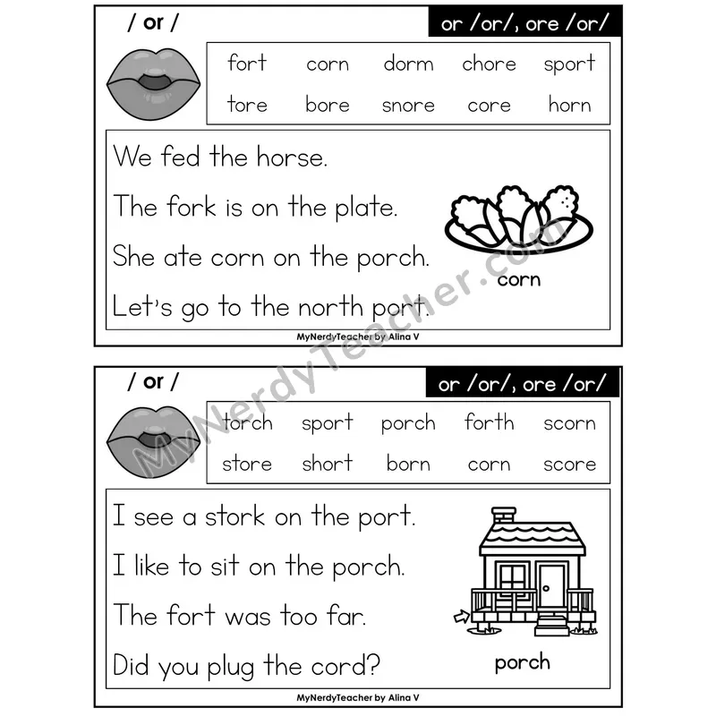 or, ore (R-Controlled) Phonics Flash Cards — Printable Practice