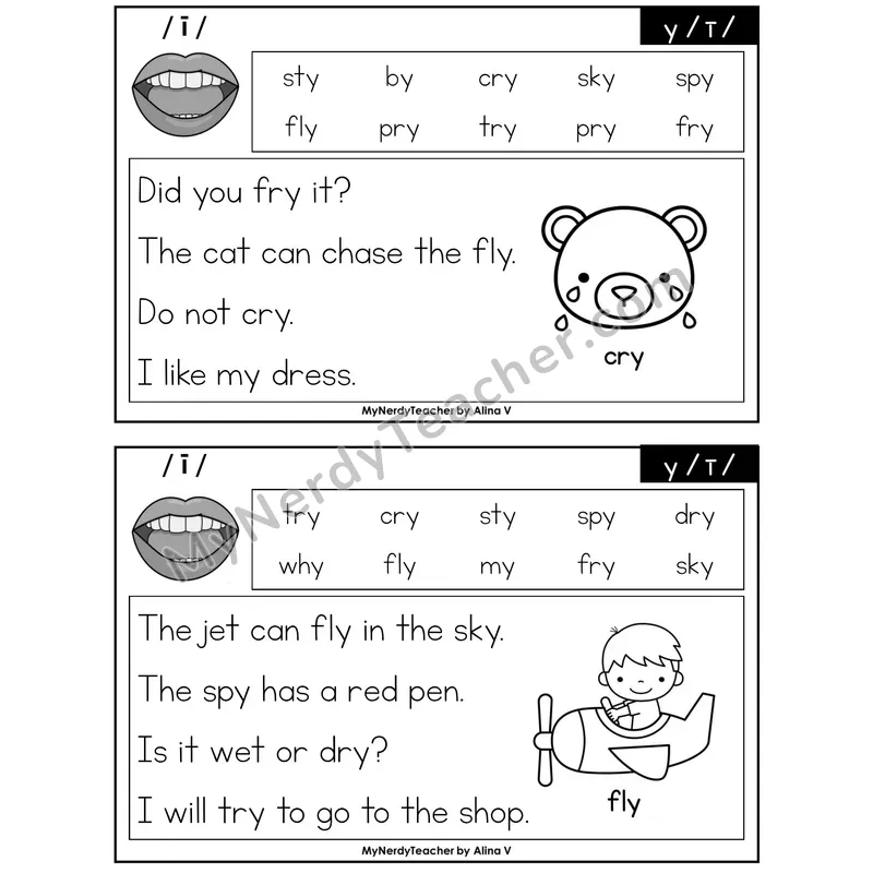 y as Long I Phonics Flash Cards — Printable Practice