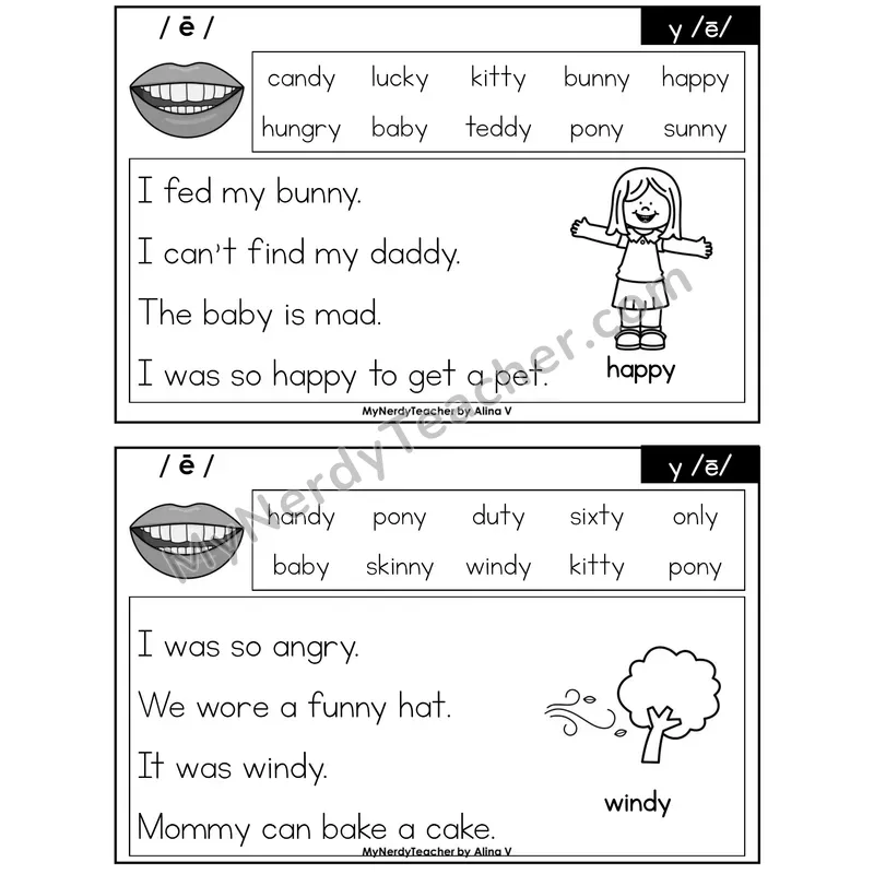 y as Long E Phonics Flash Cards — Printable Practice