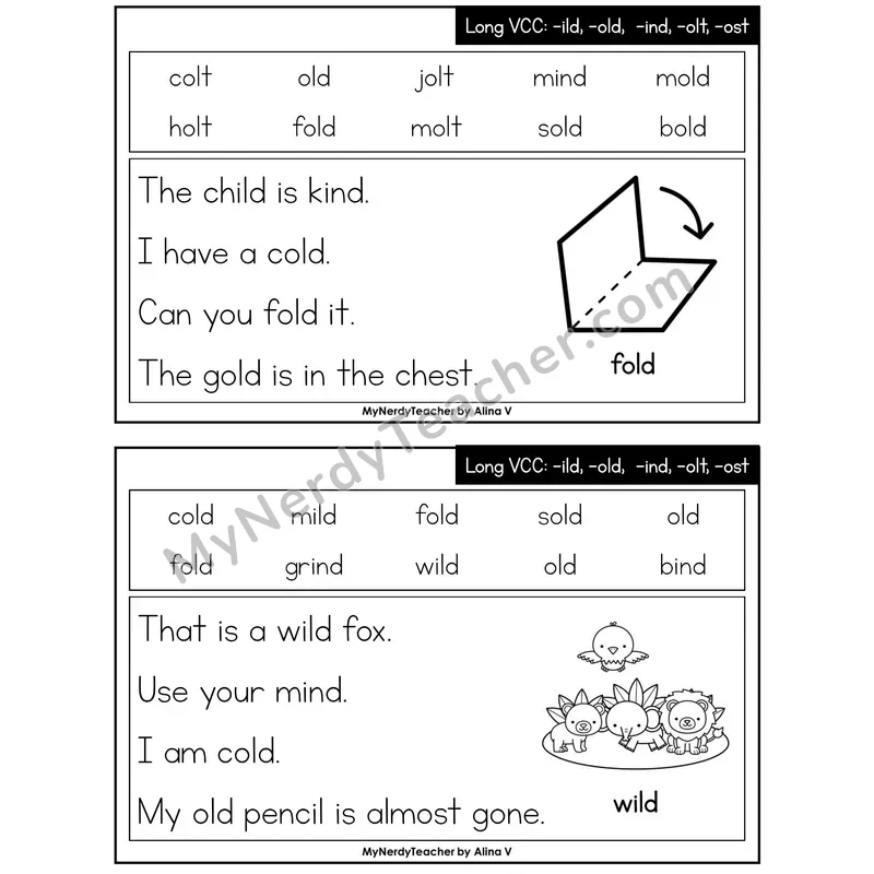 Long VCC (-ild, -old, -ind, -olt, -ost) Phonics Flash Cards — Printable Practice