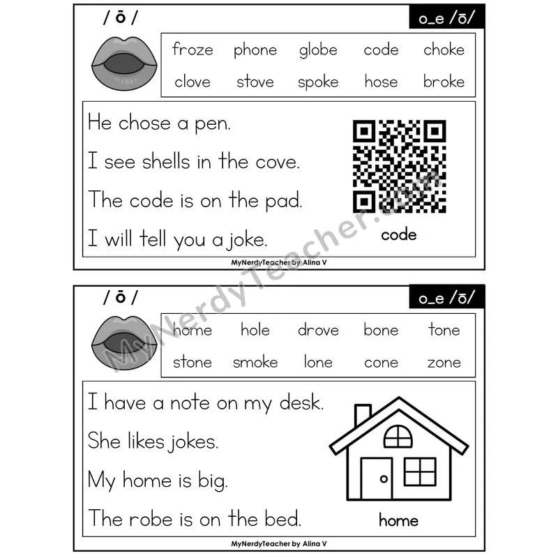 o_e (Long O Silent E) Phonics Flash Cards — Printable Practice
