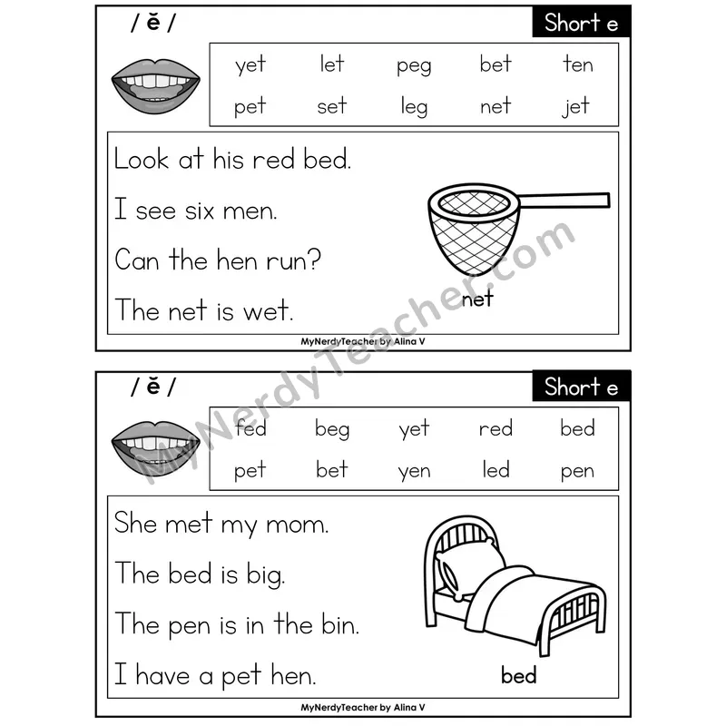 Short E Phonics Flash Cards — Printable Practice