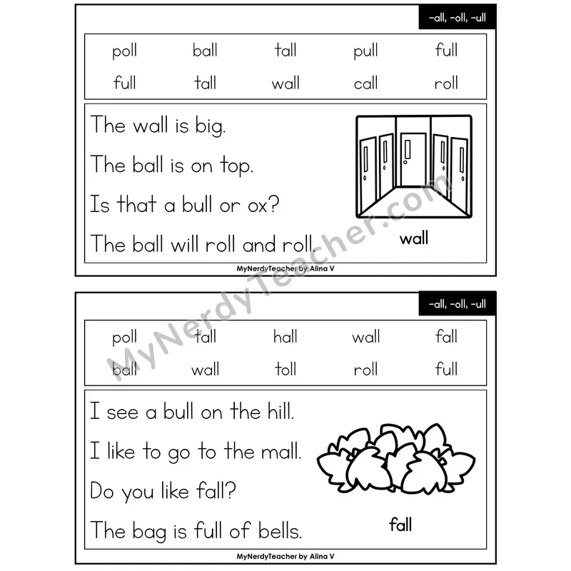 -all, -oll, -ull Glued Sounds Phonics Flash Cards — Printable Practice