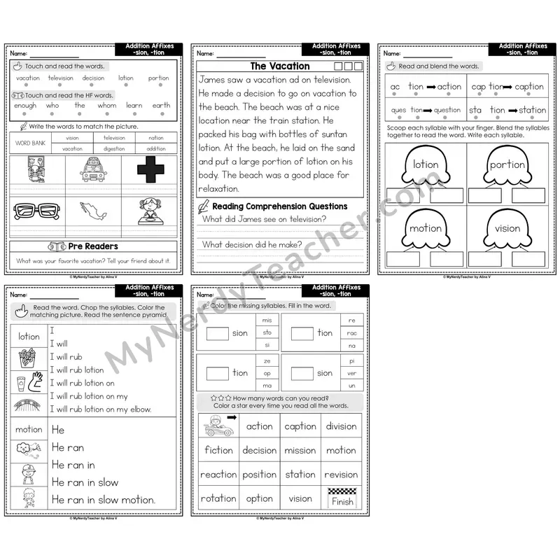 Suffixes -sion, -tion Decodable Passages — Multisyllabic Words