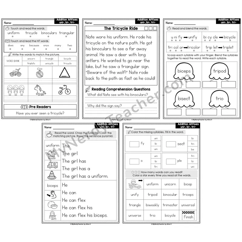 Affixes uni-, bi-, tri- Decodable Passages — Multisyllabic Words (Editable)