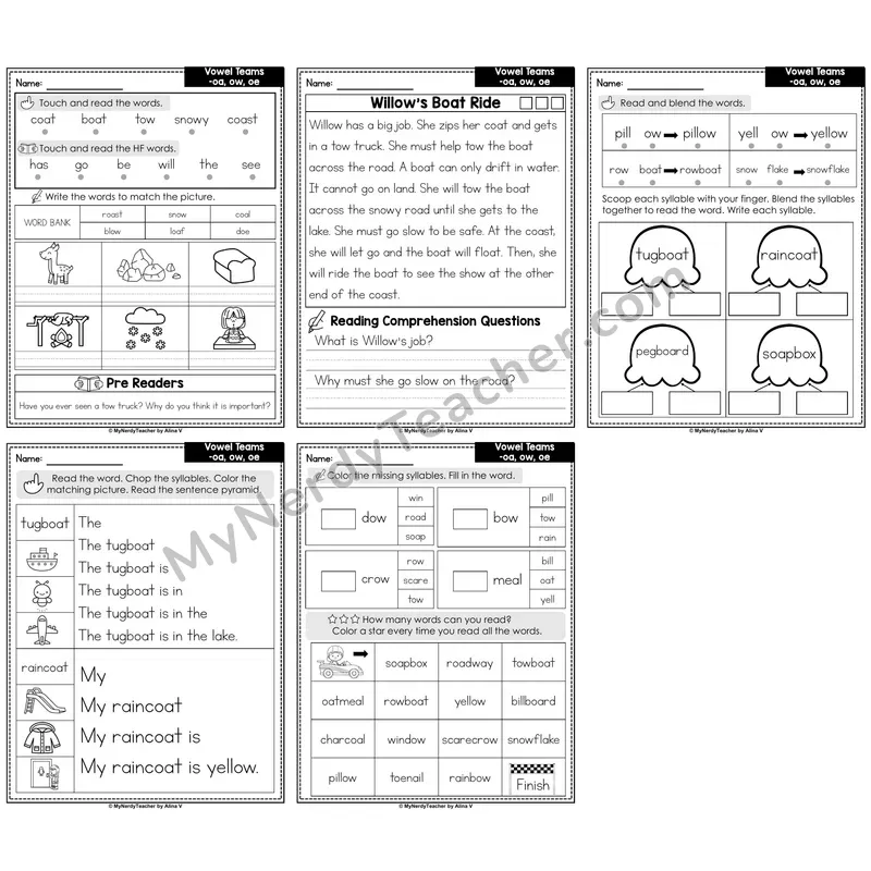 Vowel Teams oa, ow, oe Decodable Passages — Multisyllabic Words