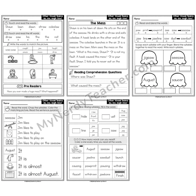 Vowel Teams au, aw, augh Decodable Passages — Multisyllabic Words
