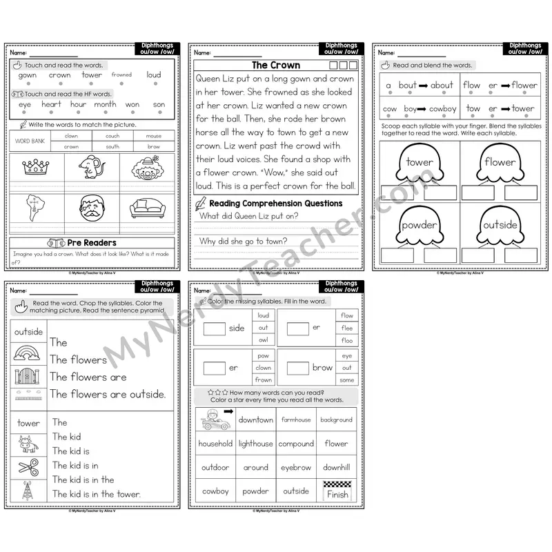 Diphthongs ou, ow Decodable Passages — Multisyllabic Word Practice