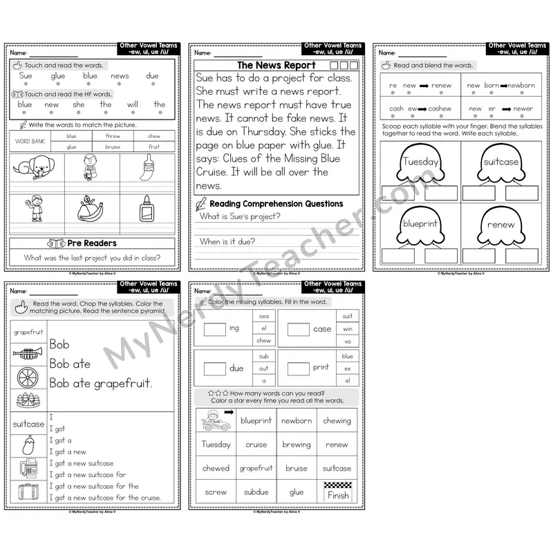 Vowel Teams ew, ui, ue Decodable Passages — Multisyllabic Words