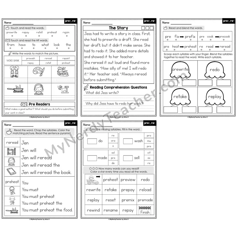 Prefixes pre-, re- Decodable Passages — Multisyllabic Words
