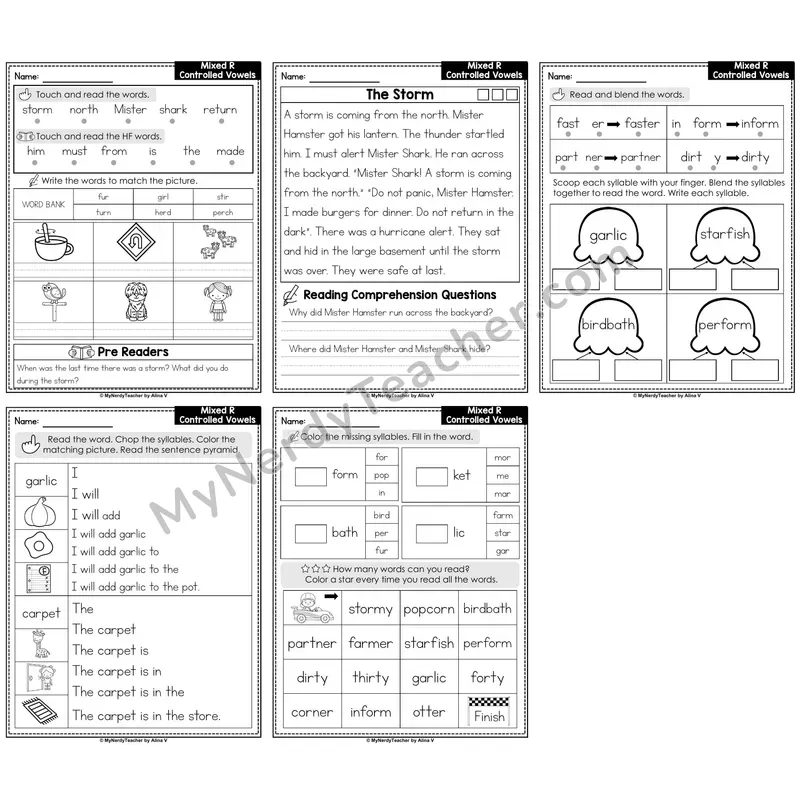 Mixed R-Controlled Vowels Decodable Passages — Multisyllabic Set 2