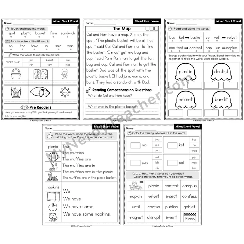 Mixed Short Vowels Decodable Passages — Multisyllabic Words Set 1 (Editable)