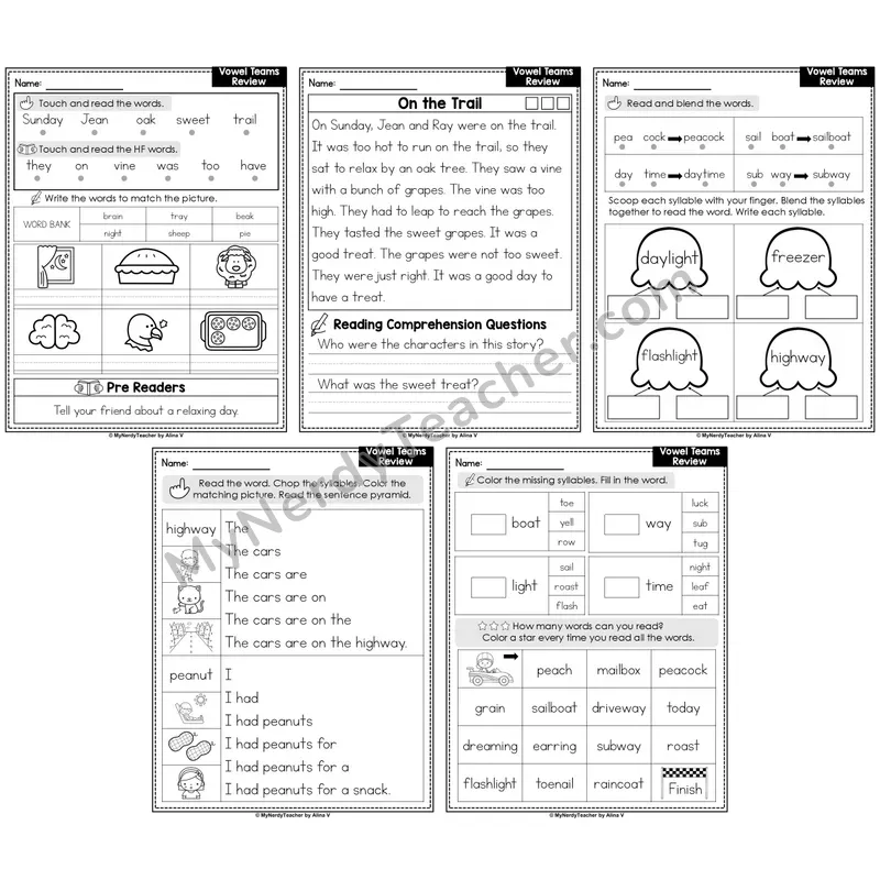 Vowel Teams Review Decodable Passages — Multisyllabic Words Set 1 (Editable)