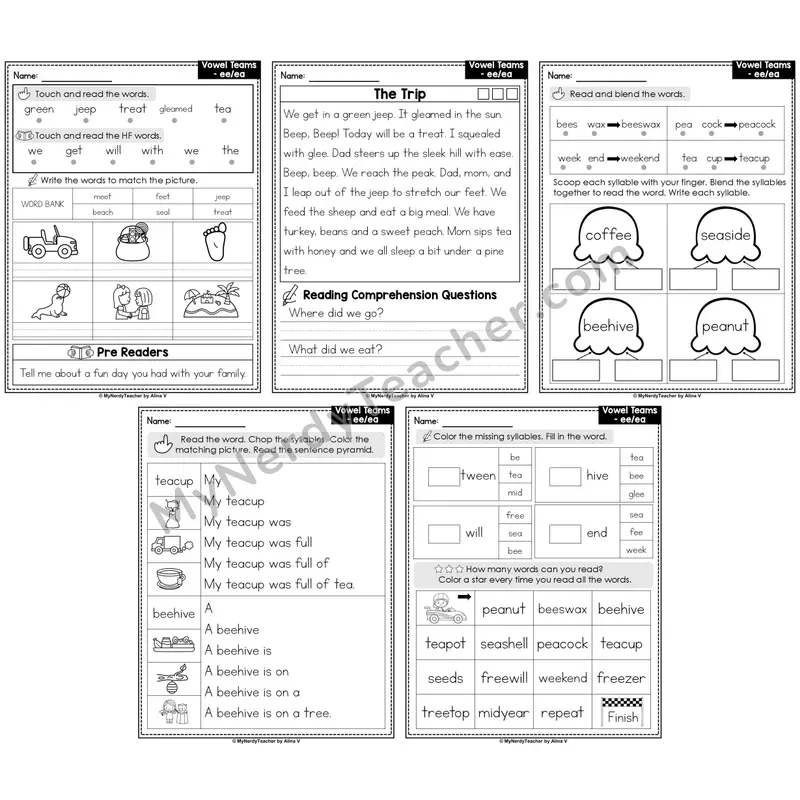 Vowel Teams ee, ea Decodable Passages — Multisyllabic Word Practice (Editable)