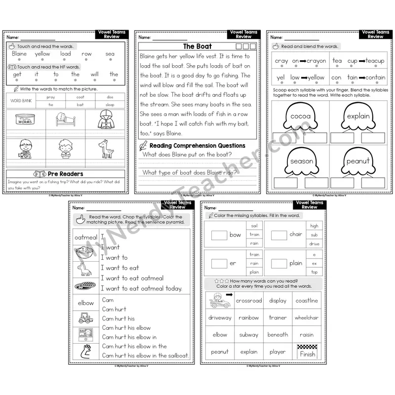 Vowel Teams Review Decodable Passages — Multisyllabic Words Set 2 (Editable)