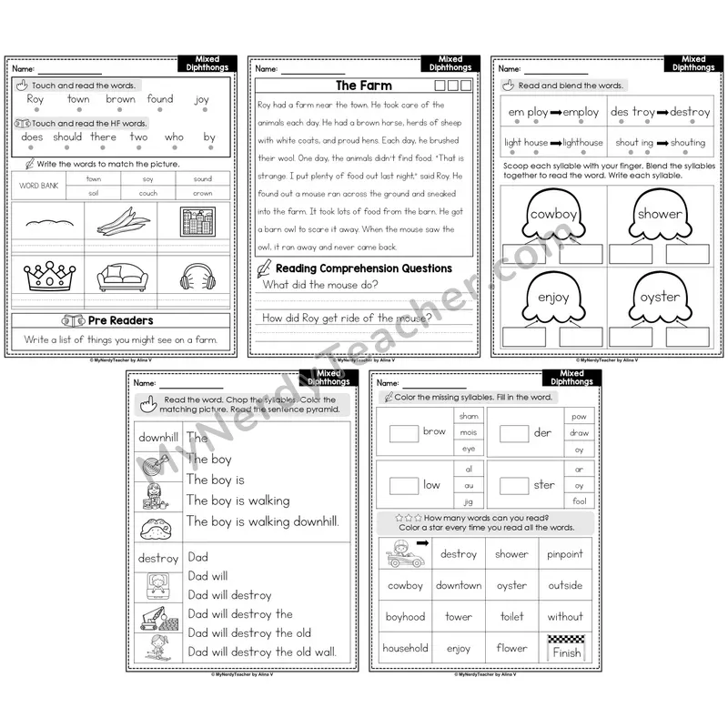 Mixed Diphthongs Decodable Passages — Multisyllabic Words Set 2 (Editable)