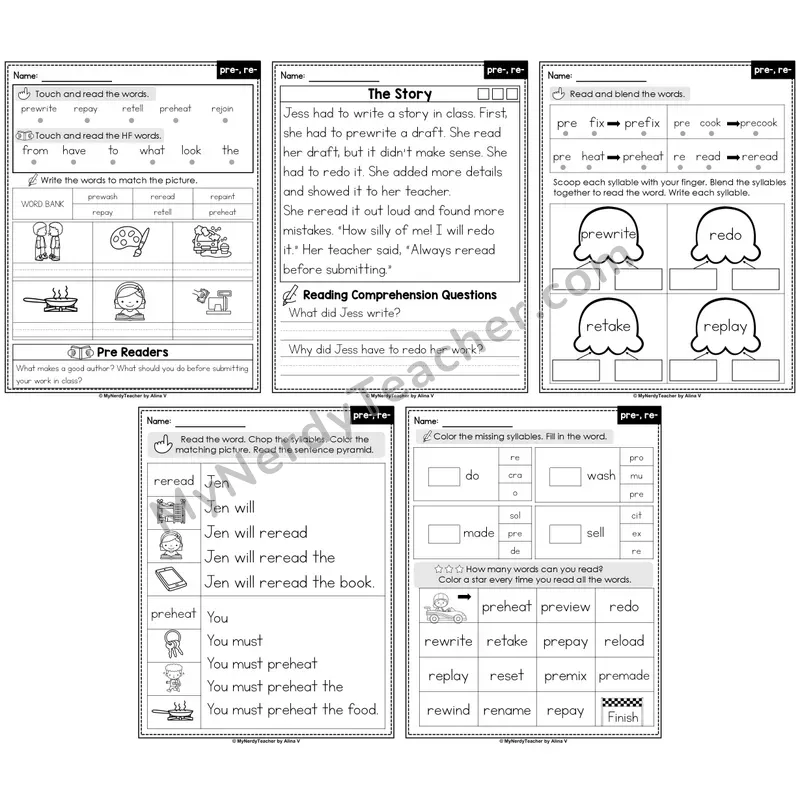 Prefixes pre-, re- Decodable Passages — Multisyllabic Words (Editable)