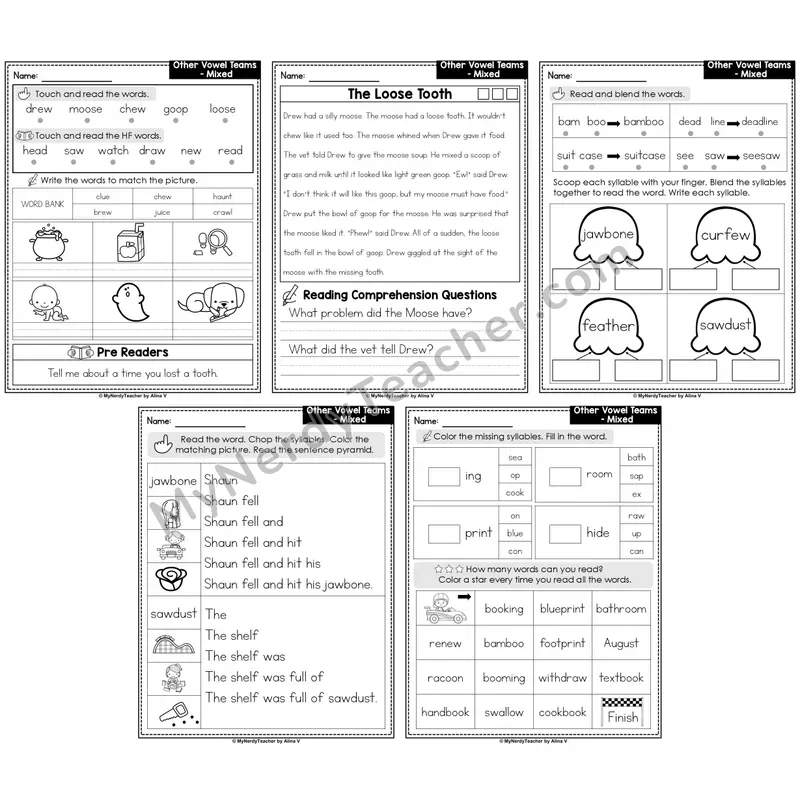 Other Vowel Teams Mixed Decodable Passages — Multisyllabic Set 1 (Editable)