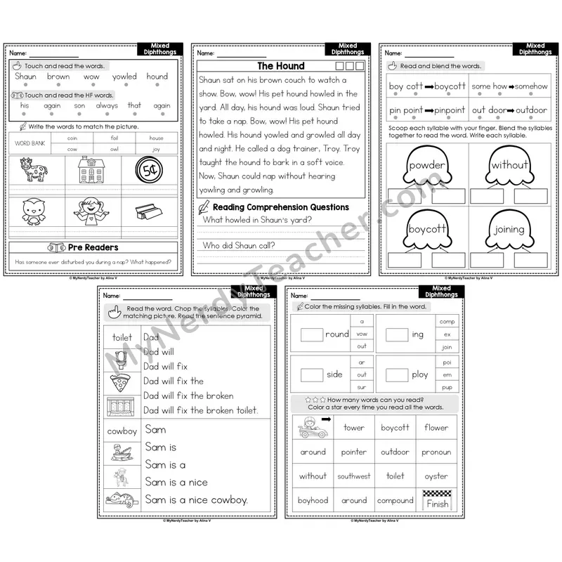Mixed Diphthongs Decodable Passages — Multisyllabic Words Set 1 (Editable)