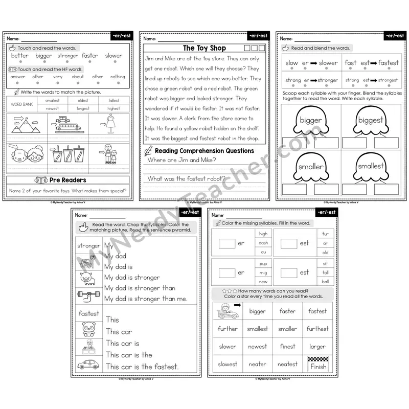 Suffixes -er, -est Decodable Passages — Multisyllabic Words (Editable)