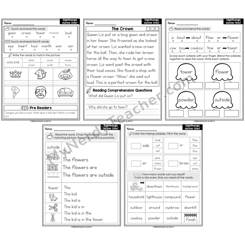 Diphthongs ou, ow Decodable Passages — Multisyllabic Word Practice (Editable)