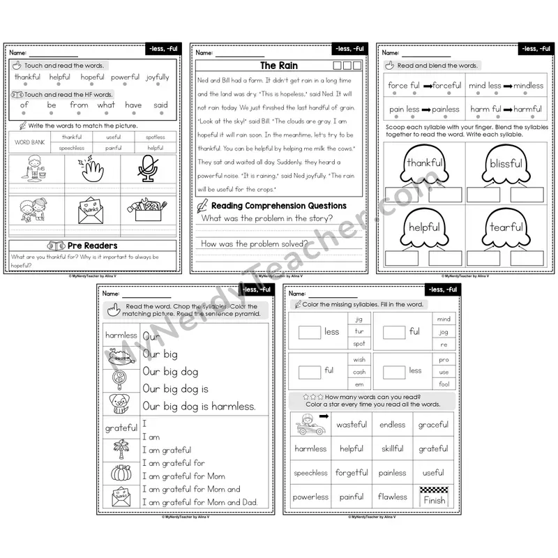 Suffixes -less, -ful Decodable Passages — Multisyllabic Words (Editable)