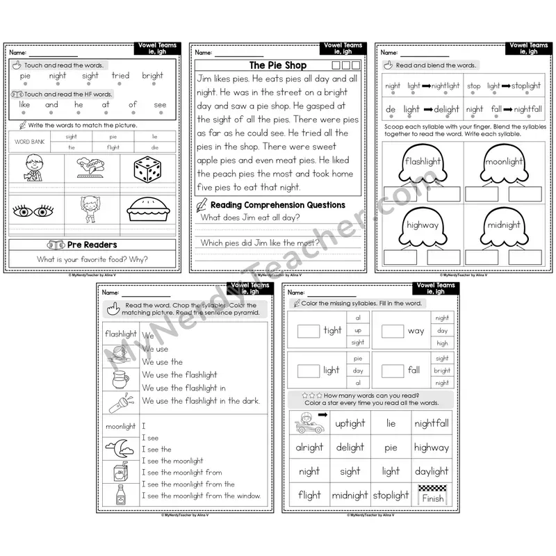 Vowel Teams ie, igh Decodable Passages — Multisyllabic Word Practice (Editable)