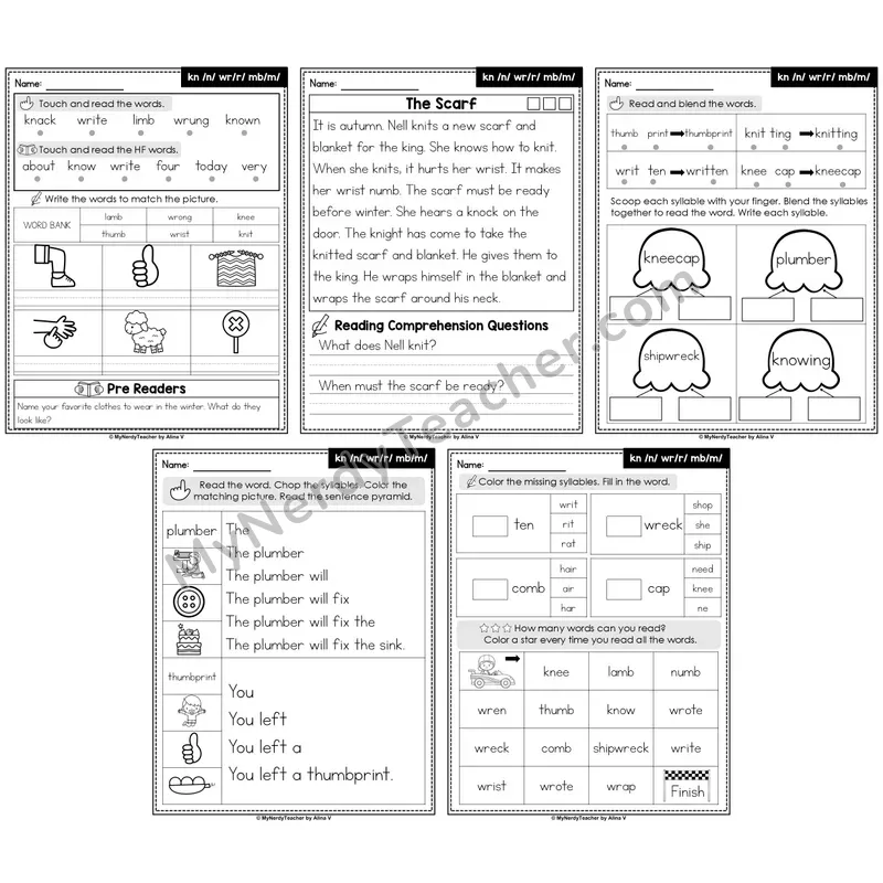 Silent Letters kn, wr, mb Decodable Passages — Multisyllabic Words (Editable)