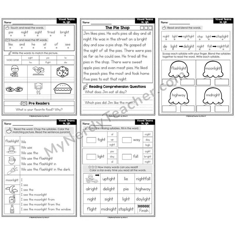 Vowel Teams ie, igh Decodable Passages — Multisyllabic Word Practice