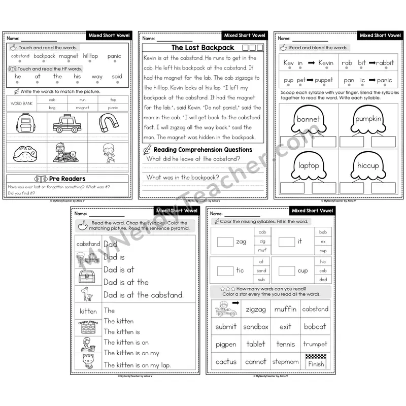 Mixed Short Vowels Decodable Passages — Multisyllabic Words Set 5 (Editable)