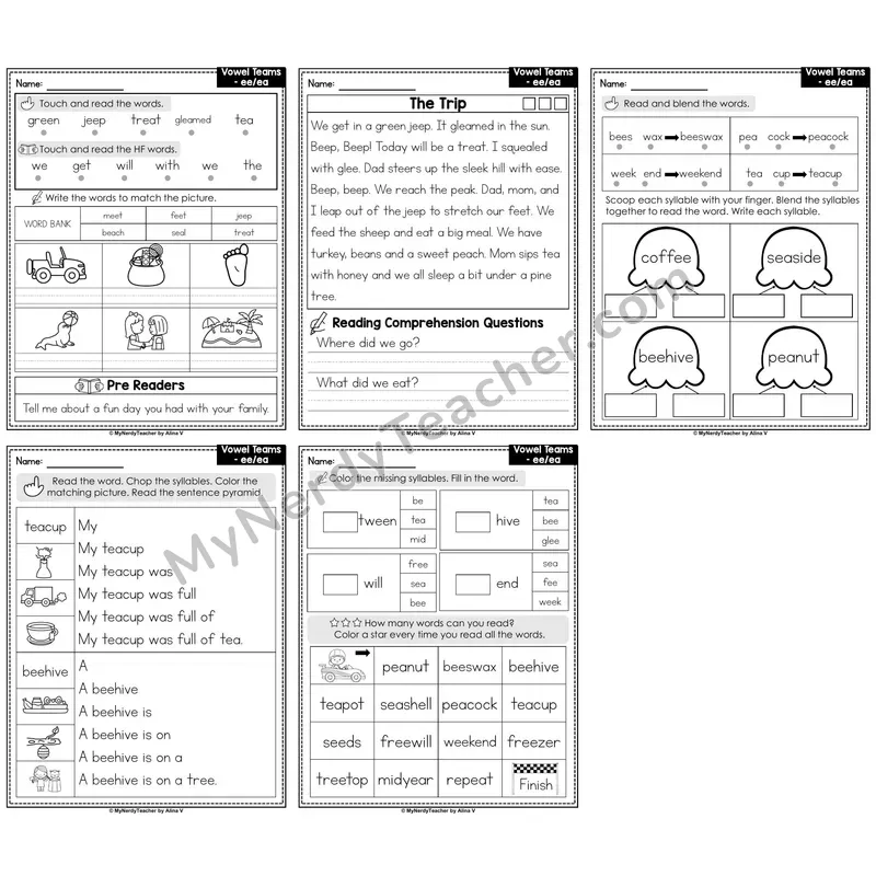Vowel Teams ee, ea Decodable Passages — Multisyllabic Word Practice
