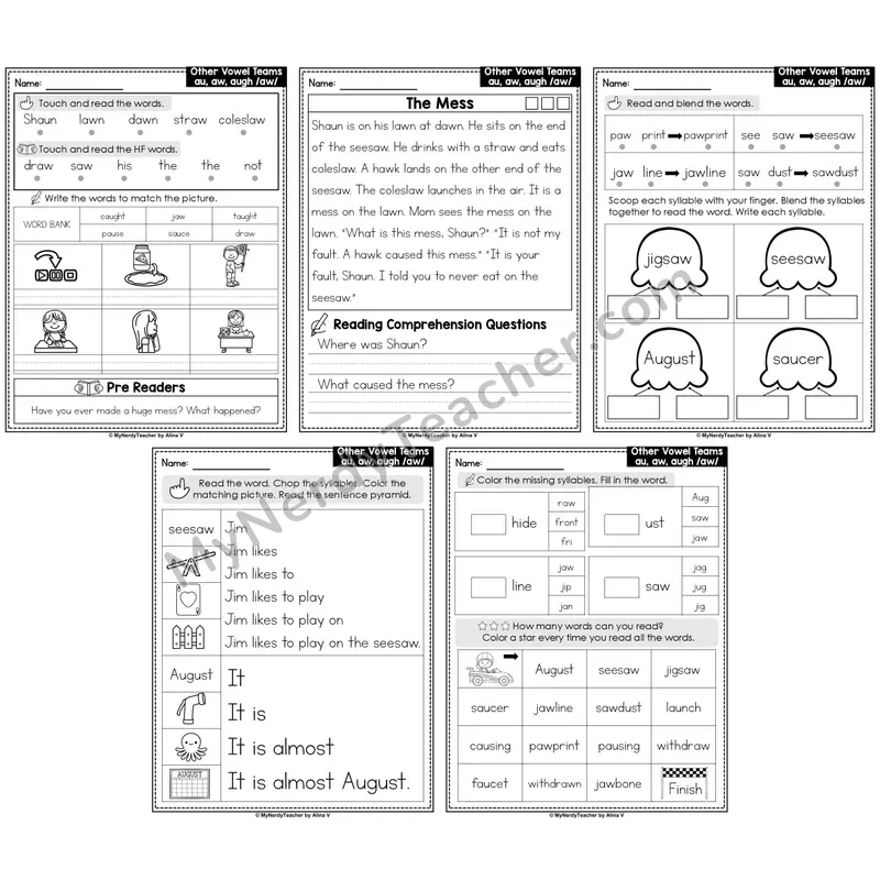 Vowel Teams au, aw, augh Decodable Passages — Multisyllabic Words (Editable)