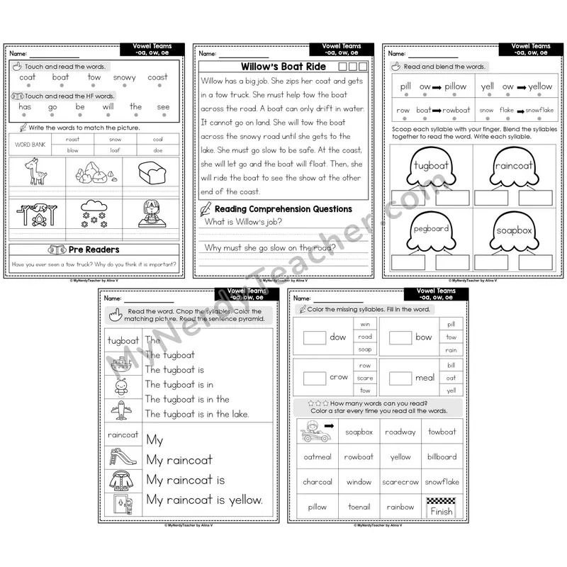 Vowel Teams oa, ow, oe Decodable Passages — Multisyllabic Words (Editable)