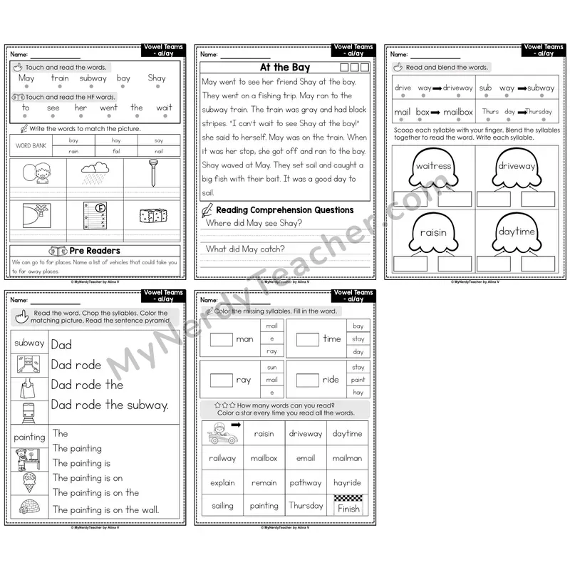 Vowel Teams ai, ay Decodable Passages — Multisyllabic Word Practice