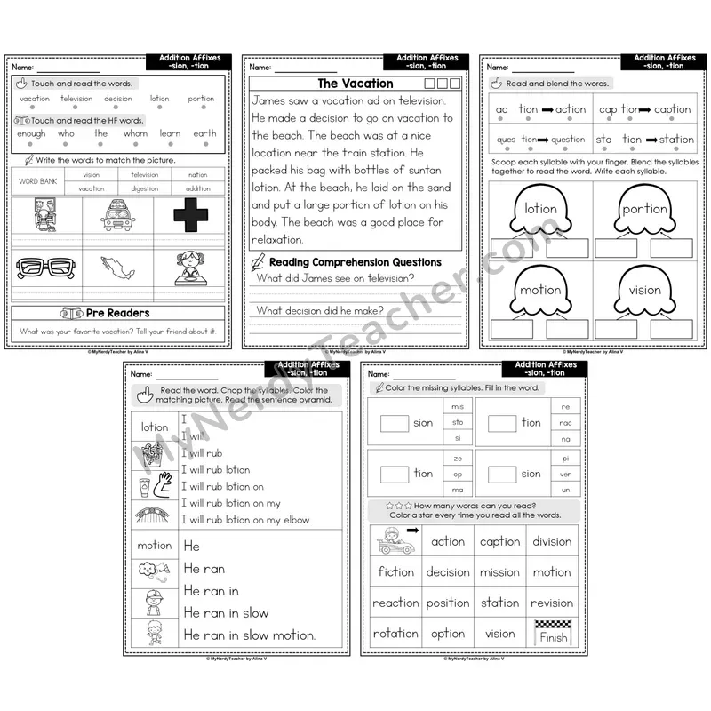 Suffixes -sion, -tion Decodable Passages — Multisyllabic Words (Editable)