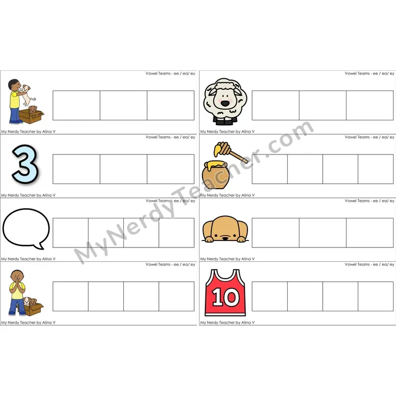 ee, ea, ey Vowel Team Word Writing Strips (Color)
