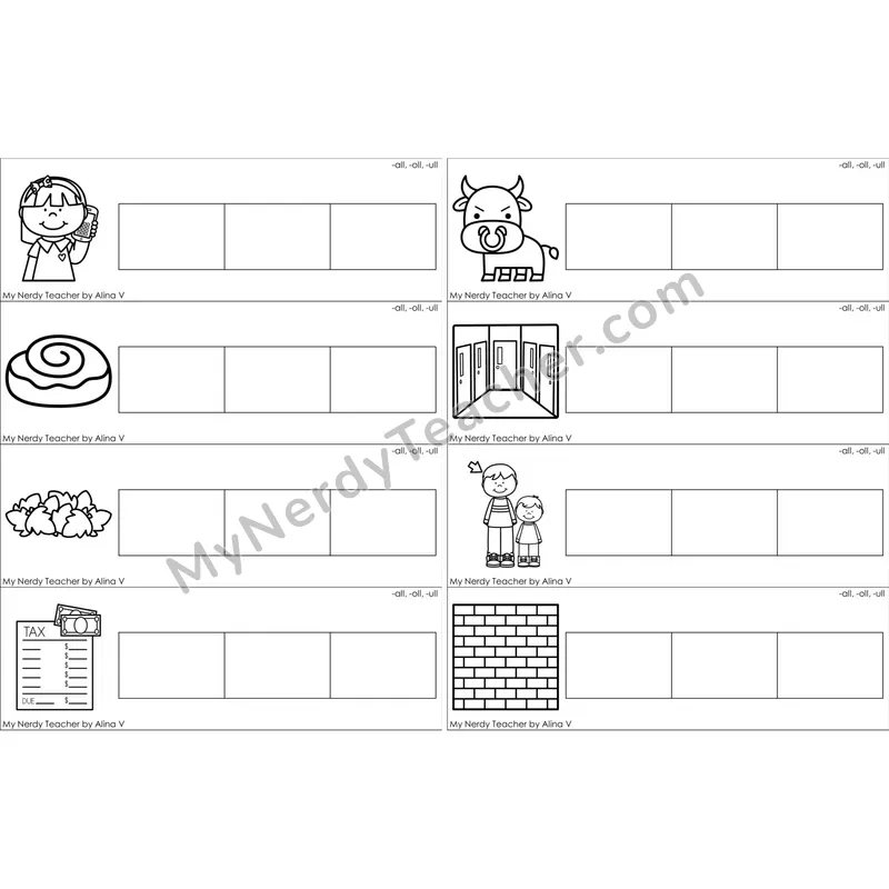 Glued Sounds -all, -oll, -ull Word Writing Strips (Black and White)