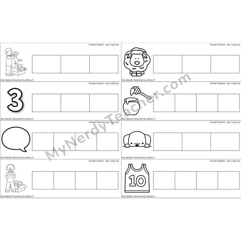 ee, ea, ey Vowel Team Word Writing Strips (Black and White)