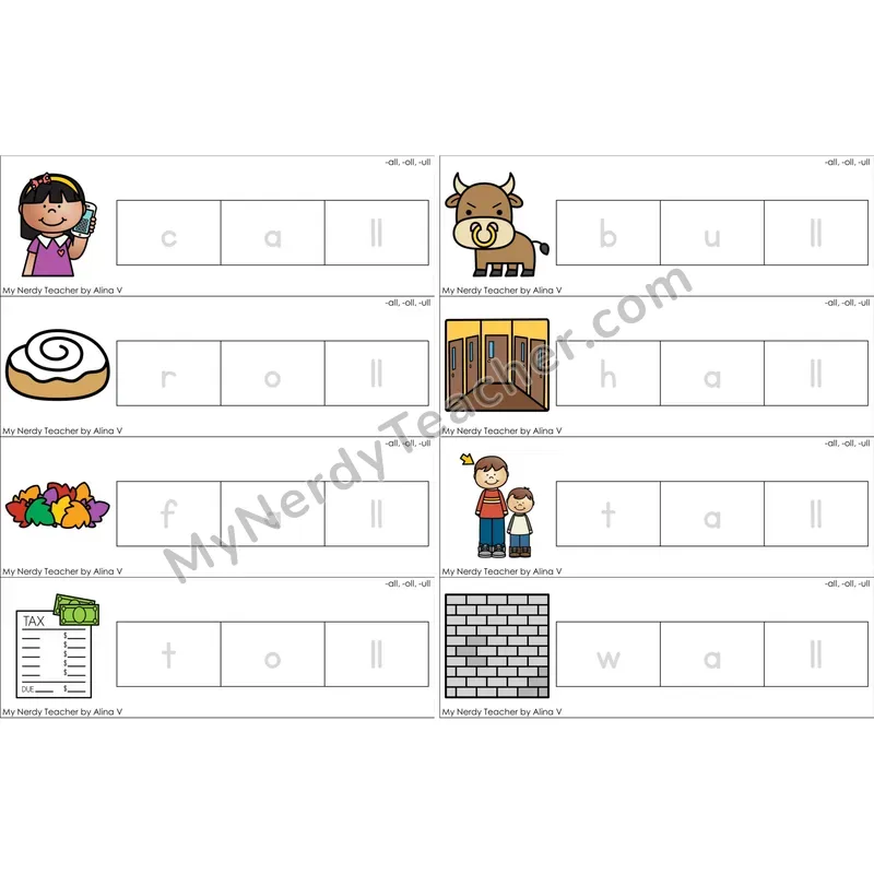 Glued Sounds -all, -oll, -ull Word Tracing Cards (Color)