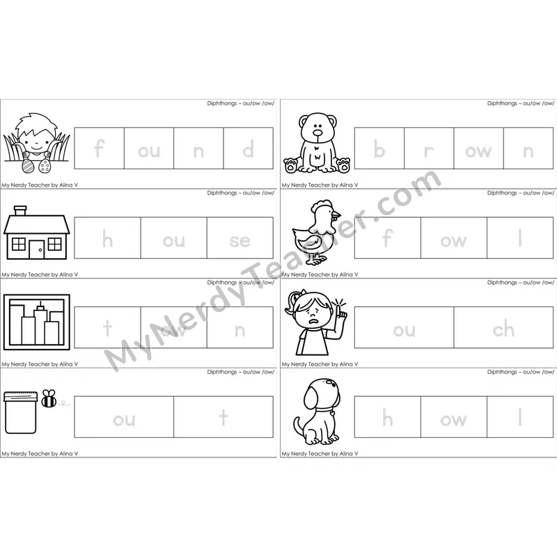 ou, ow Diphthong Word Tracing Cards (Black and White)
