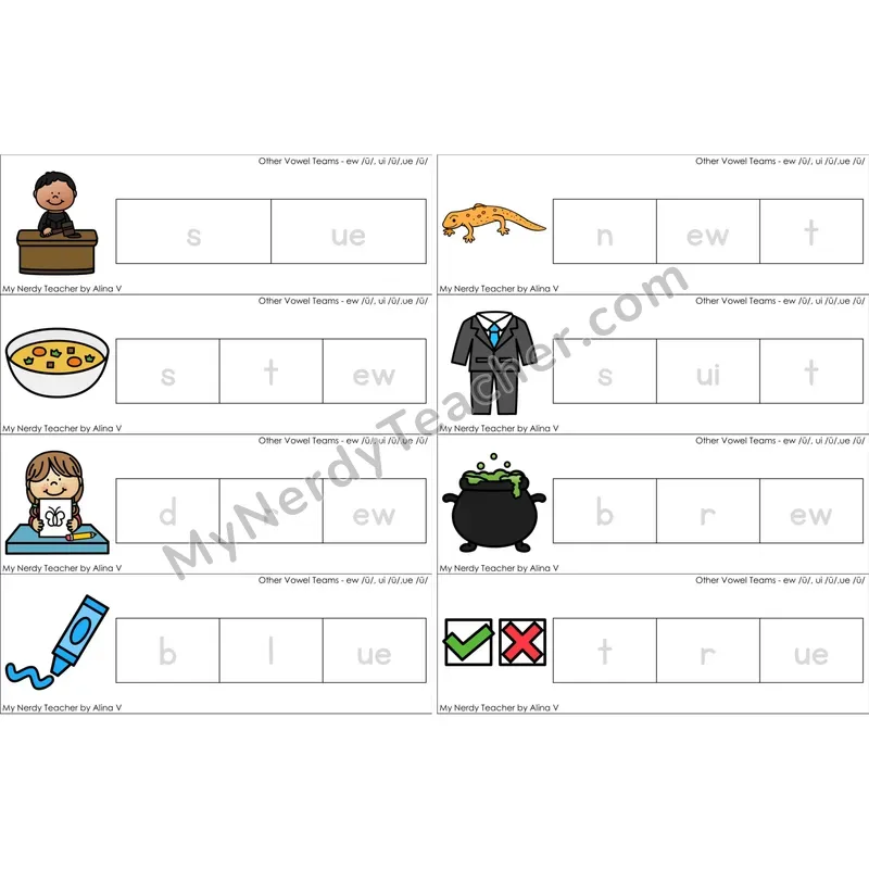 ew, ui, ue Vowel Team Word Tracing Cards (Color)