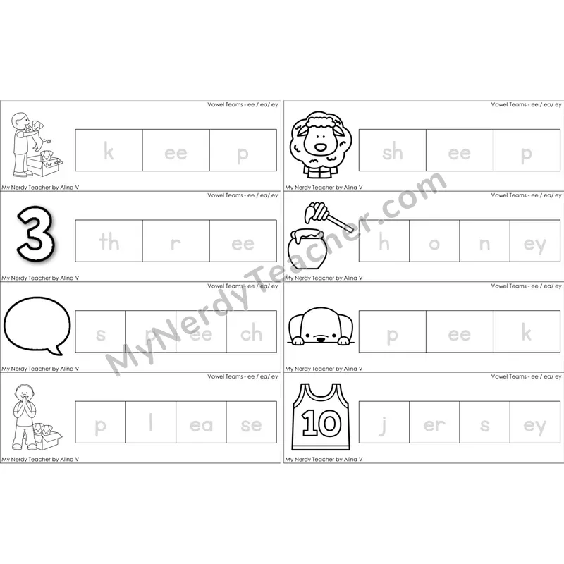 ee, ea, ey Vowel Team Word Tracing Cards (Black and White)