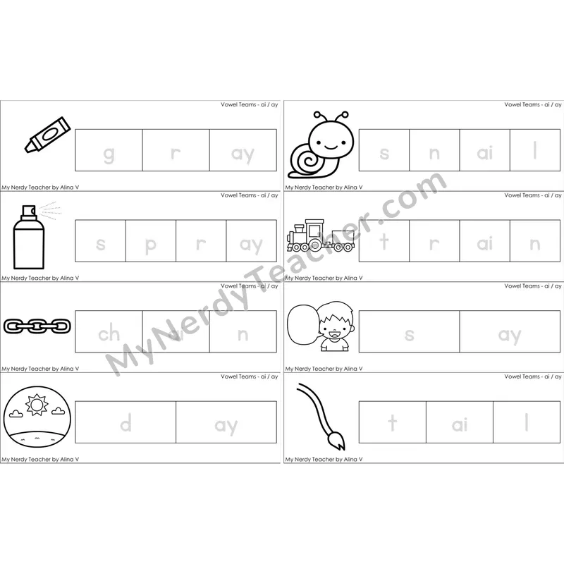 ai, ay Vowel Team Word Tracing Cards (Black and White)