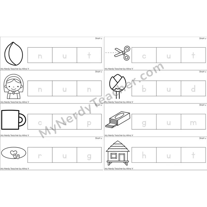 Short U Word Tracing Cards (Black and White)
