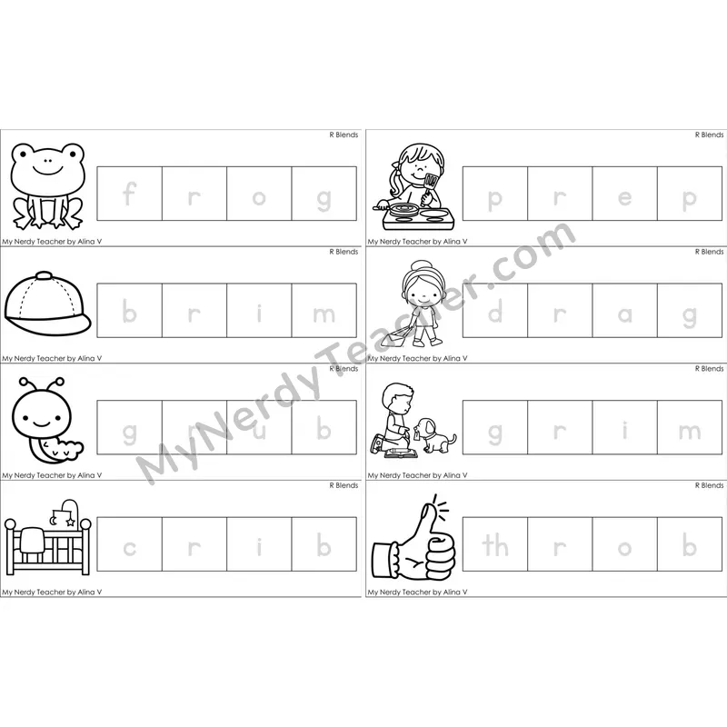 R Blends Word Tracing Cards (Black and White)