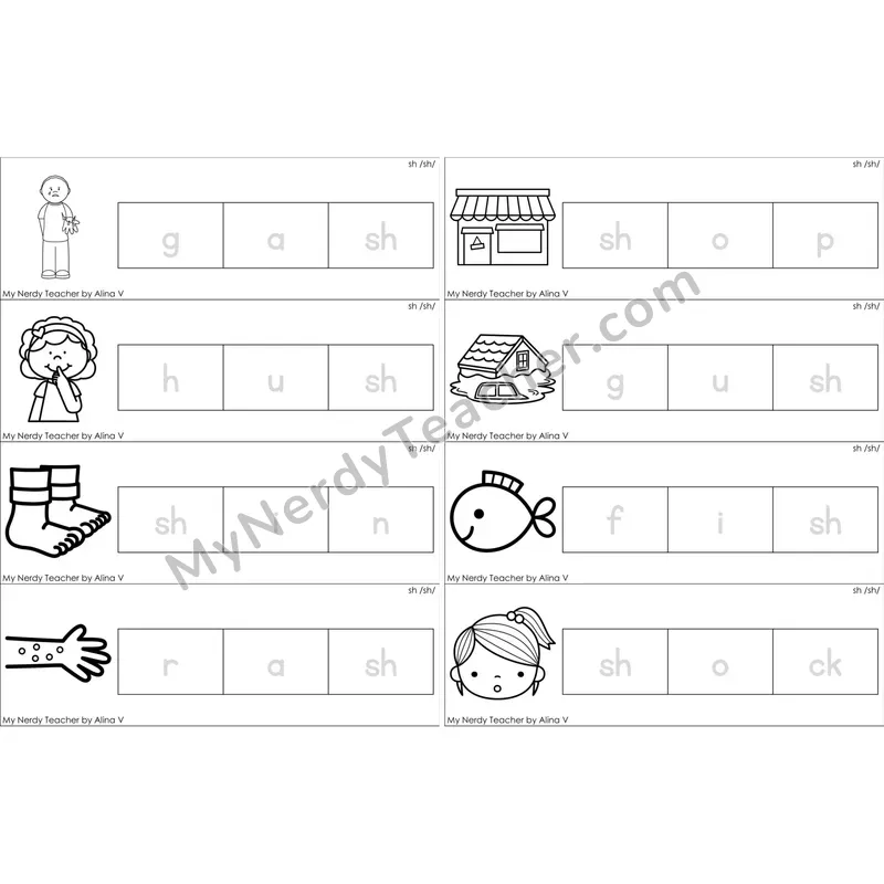 sh Digraph Word Tracing Cards (Black and White)