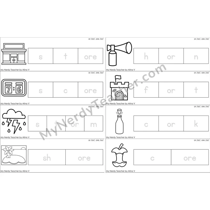 or, ore (R-Controlled) Word Tracing Cards (Black and White)