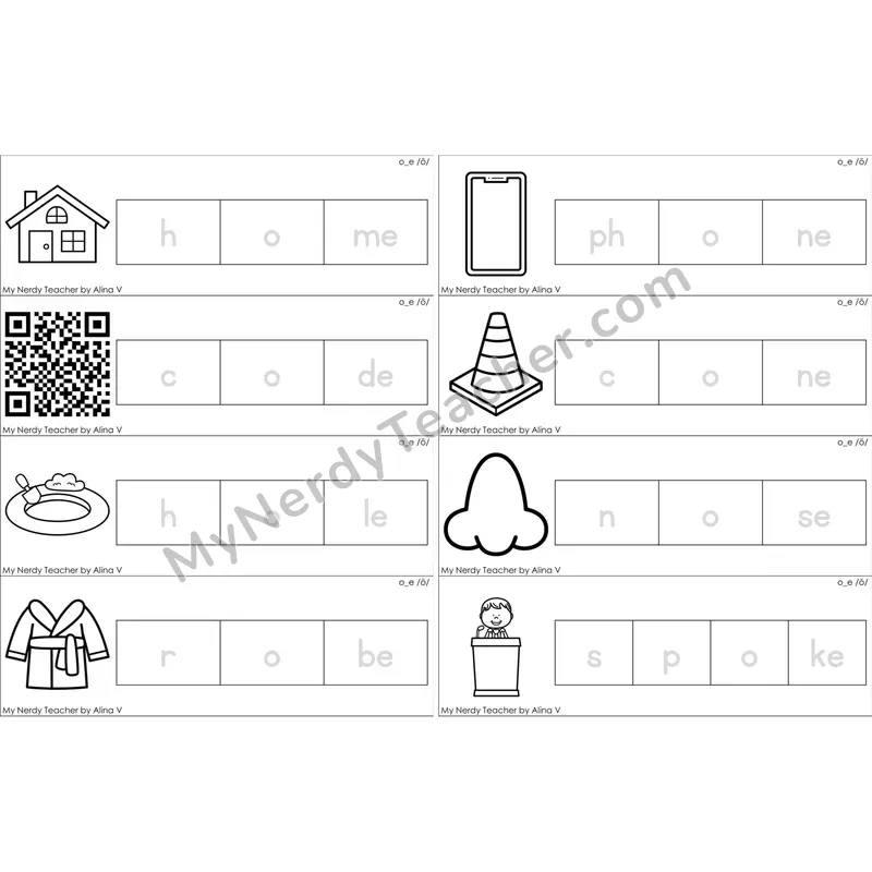 o_e (Long O VCe) Word Tracing Cards (Black and White)