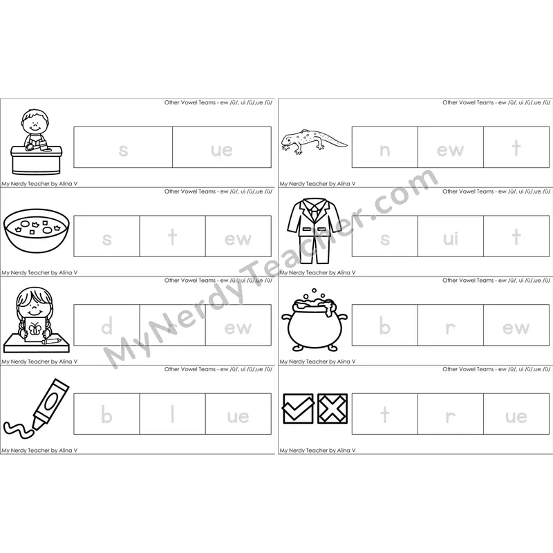 ew, ui, ue Vowel Team Word Tracing Cards (Black and White)