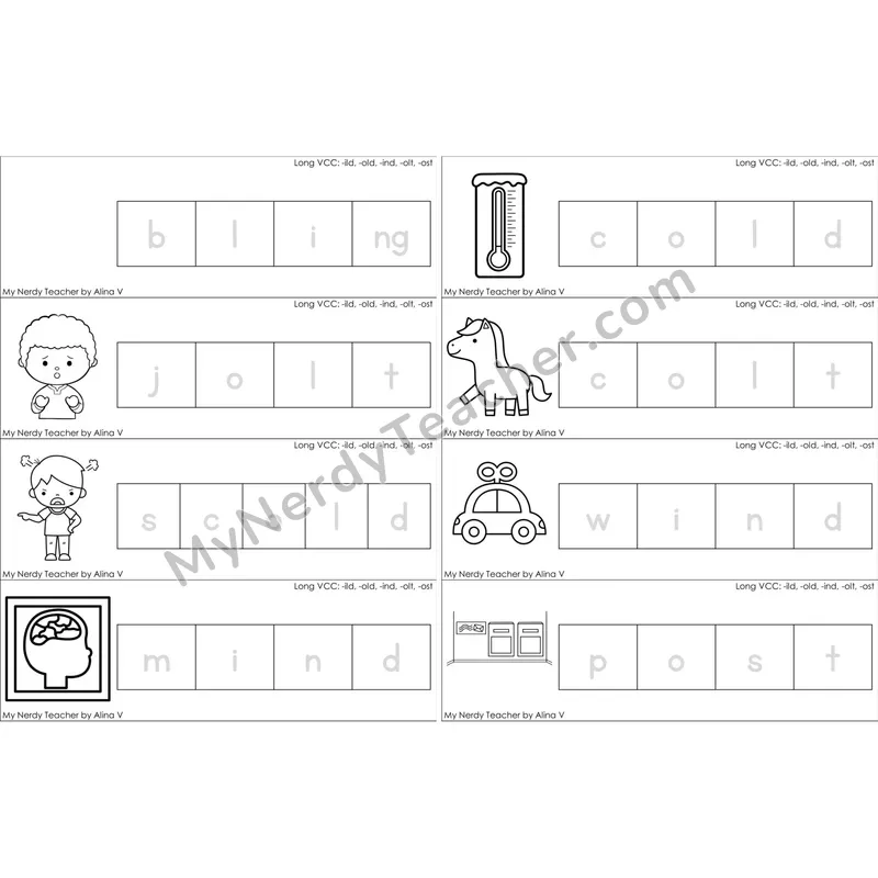 Long VCC (-ild, -old, -ind, -olt, -ost) Word Tracing Cards (Black and White)